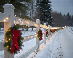 Christmas in the country - White split rail fence with pine bough wreathes and white lights