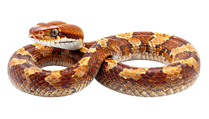 Curled snake with patterned scales poses against black background