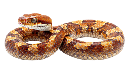 Curled snake with patterned scales poses against black background