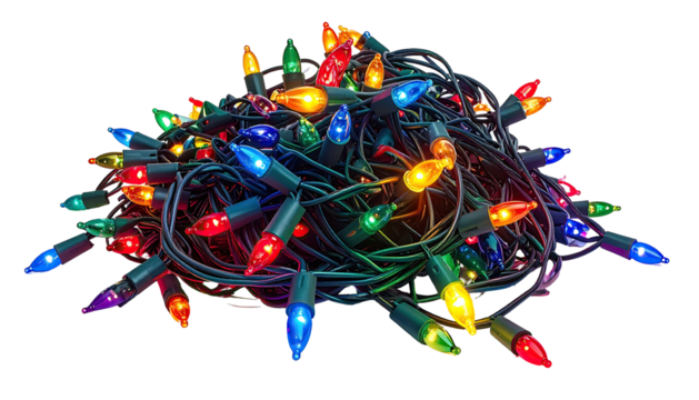 Tangled pile of colorful Christmas lights on a dark background