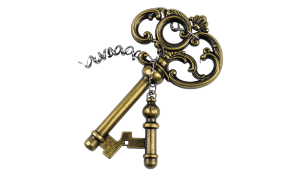Ornate golden key with corkscrew against dark background