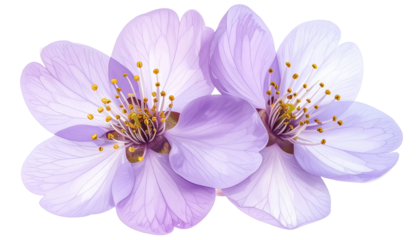Pair of soft violet blossom flowers with yellow stamens