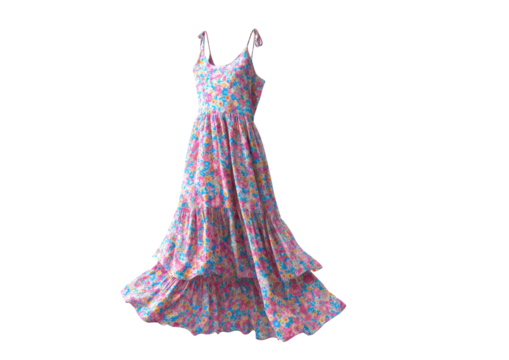 Sleeveless, floral maxi dress with tie straps, tiered skirt, and a flowing silhouette