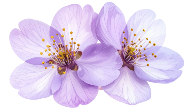 Pair of soft violet blossom flowers with yellow stamens