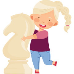 Cheerful Young Girl With Blond Pigtail Hugging Large Chess Knight Piece With Transparent Background