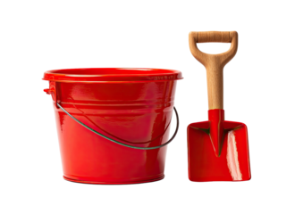 A red bucket and shovel set, likely toys for a child, isolated on a transparent background