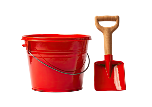A red bucket and shovel set, likely toys for a child, isolated on a transparent background - Powered by Adobe
