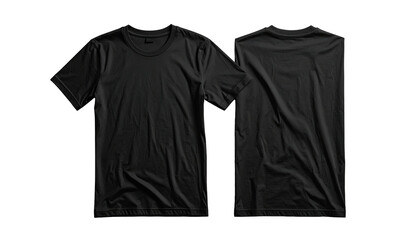 Plain black t-shirt, front and back view, solid background