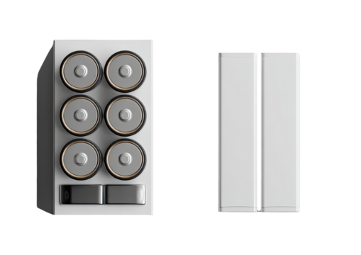 3D rendering of a vertical speaker with six visible drivers and a detached companion component