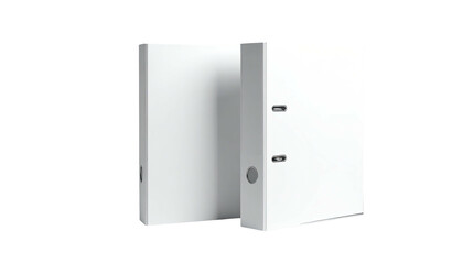 Two white ring binders sit upright