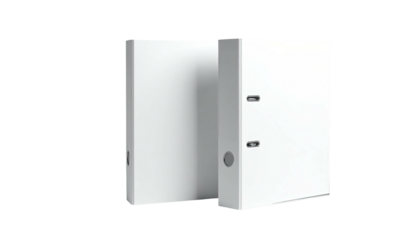 Two white ring binders sit upright