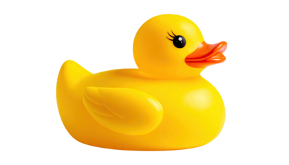 Bright yellow rubber ducky with orange beak and painted eyelashes