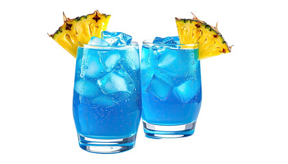 Two blue cocktails with ice and pineapple slices, studio shot