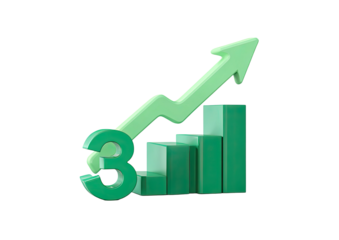 3D render showing a green upward trending arrow, bar chart, and a number "3" on a black background
