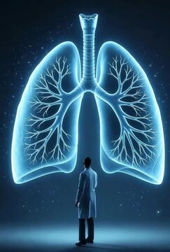 Human Lungs Medical Illustration Doctor Examining Respiratory System Hologram Pneumology Pneumologist Pulmonary Healthcare Diagnostics Concept
