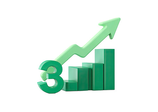 3D render showing a green upward trending arrow, bar chart, and a number "3" on a black background