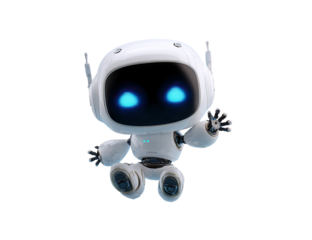 Cute, white robot with glowing blue eyes, waving hello against a black background