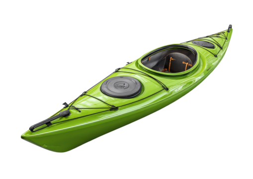 Bright green sea kayak angled against black background, showing deck lines and cockpit details