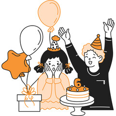 Joyful Birthday Celebration Two Children Wearing Party Hats With Balloons And Cake Awaiting Surprise Gift On Transparent Background