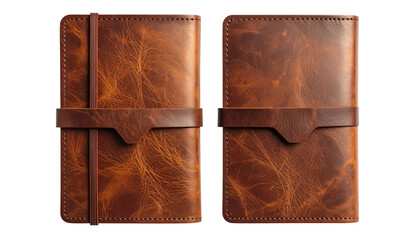 Two aged brown leather notebooks, one closed, one open