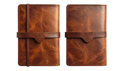 Two aged brown leather notebooks, one closed, one open