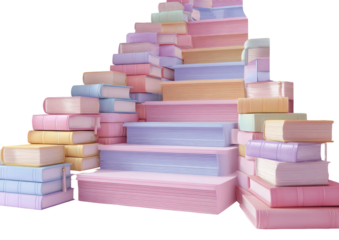 Pastel-colored books form a staircase, rising in layers of blue, pink, yellow, & peach