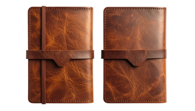 Two aged brown leather notebooks, one closed, one open