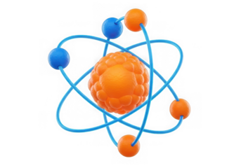 Atom model with nucleus and orbiting electron isolated on transparent background