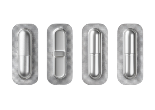 Close-up of four silver capsules in blister packaging, arranged horizontally on black