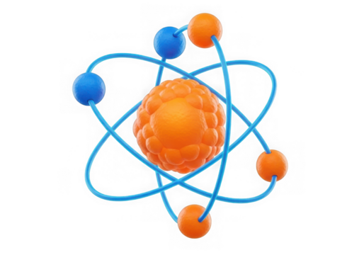 Atom model with nucleus and orbiting electron isolated on transparent background