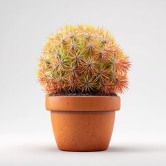 Spherical Cactus in Terracotta Pot on White Background