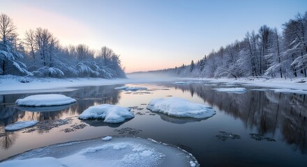 A calm river partially frozen, reflecting the soft hues of a pastel pink and blue sky at dusk, surrounded by snow-laden trees 