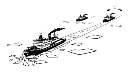 Fototapeta premium Powerful icebreaker ship leads a convoy through frozen, icy waters.