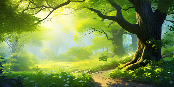 Enchanting sunlit forest path with vibrant green foliage and soft dappled light.