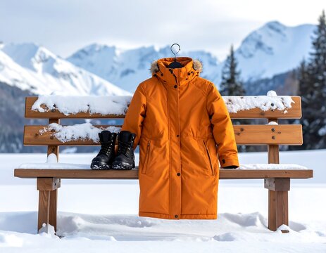 Orange coat and boots on a snowy bench with mountains in the background - Powered by Adobe