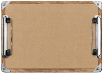 A brown cardboard clipboard with a wooden frame and metal clip is viewed from directly above