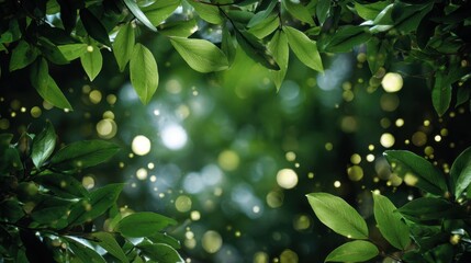 Fototapeta premium Vibrant green leaves surround a dreamy scene filled with soft light and gentle bokeh in nature.