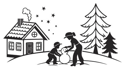 Children Building Snowman Beside Cozy Cottage Silhouette