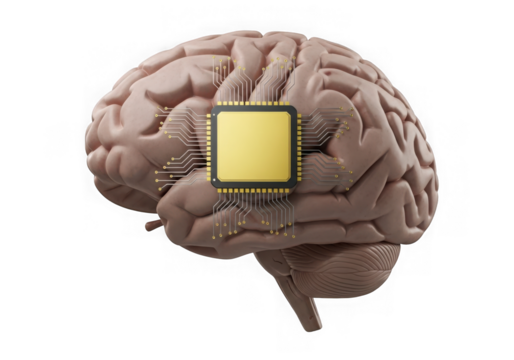 Human brain with a central processing unit chip isolated on transparent background - Powered by Adobe
