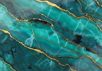 Luxurious abstract texture featuring deep teal and turquoise marble with striking, elegant gold veins