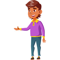 Young Man Offering Hand Gesture In Purple Long Sleeve Shirt And Blue Jeans With Yellow Collar Standing On White Background