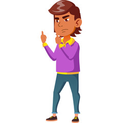 Young man with brown hair wearing purple shirt blue jeans and yellow collar thoughtfully thinking with finger up in a thinking pose isolated on a white background