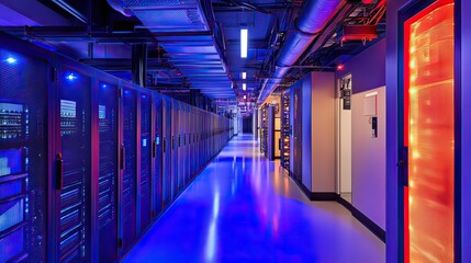 Illuminated server room corridor with glowing racks and futuristic blue lighting