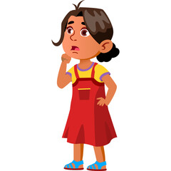 Young Girl Wearing Red Overalls and Yellow Shirt Pondering with Hand on Chin against White Background Cartoon Style Illustration