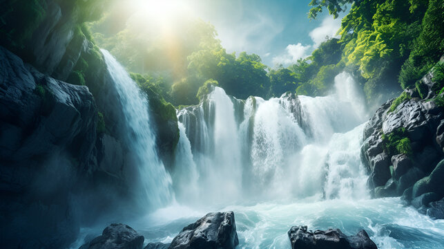 Majestic cascading waterfall surrounded by lush green foliage and sunlit mist creating a serene natural escape.