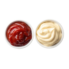 Delicious ketchup and mayonnaise side by side in white bowls, perfect for culinary use