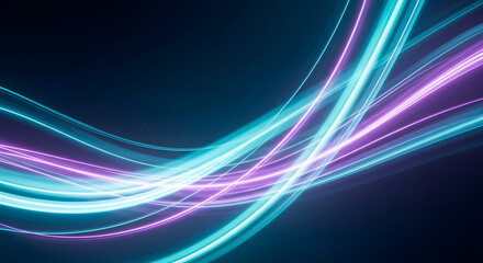 Fototapeta premium Vibrant blue and purple neon light trails forming a dynamic wave pattern on a dark background symbolizing speed and connection