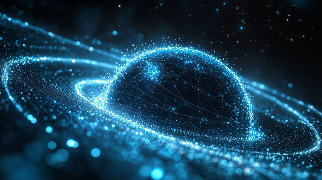 A business sphere composed of luminescent particles, representing a globally interconnected concept.