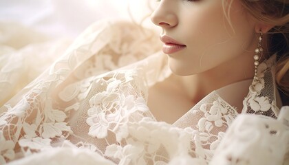 Close-up shot of a fair-skinned woman's face with blonde curly hair and wearing a delicate lace shawl and pearl earrings. Soft lighting enhances the elegant composition