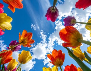 Vibrant tulips viewed from below against a bright blue sky with fluffy white clouds